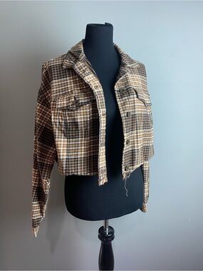 Cropped/Distressed Plaid Flannel Jacket - Brown Plaid